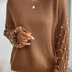Brown Pearl-Embellished Sweater